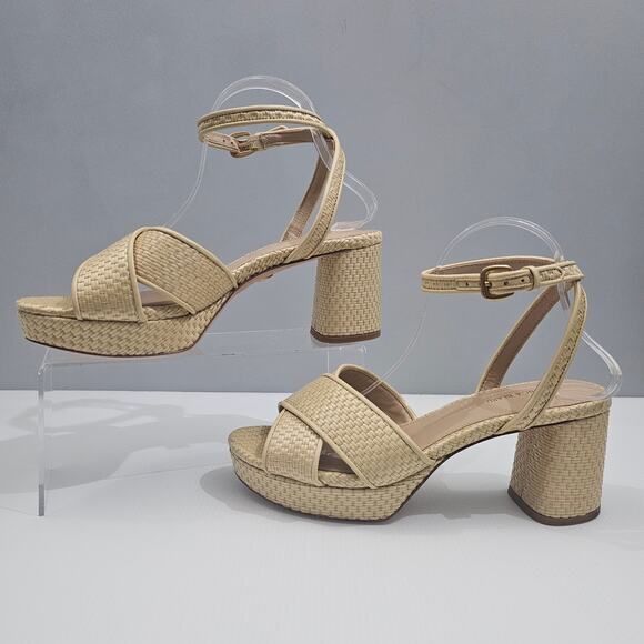 Veronica Beard Danika Sandal Women 9 Natural Raffia Woven Block Heel Ankle Strap - Picture 2 of 14